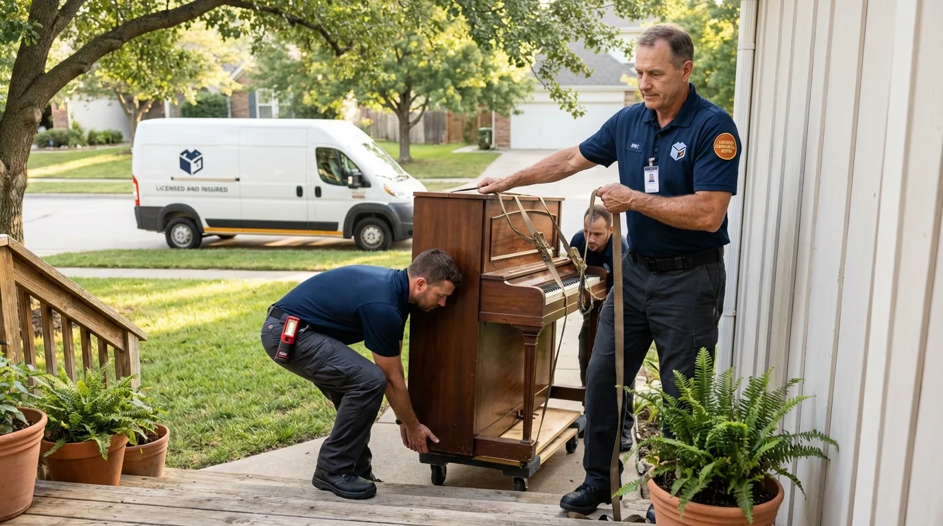 Licensed piano movers securing grand piano in Marshall, WI