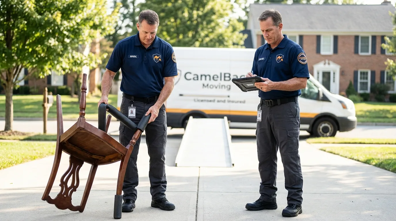 Movers inspecting furniture for damage prevention before loading in Marshall, WI