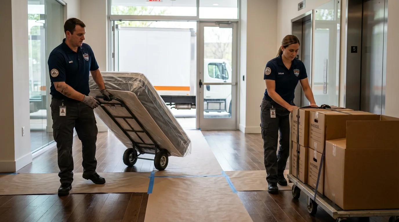 Professional apartment movers loading elevator in Marshall, WI