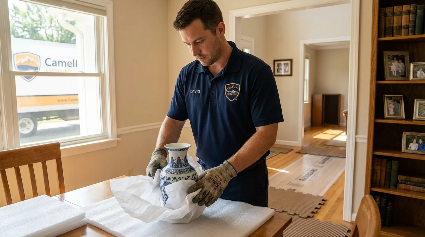 Professional crew carefully wrapping antique vase for senior downsizing move in Marshall, WI