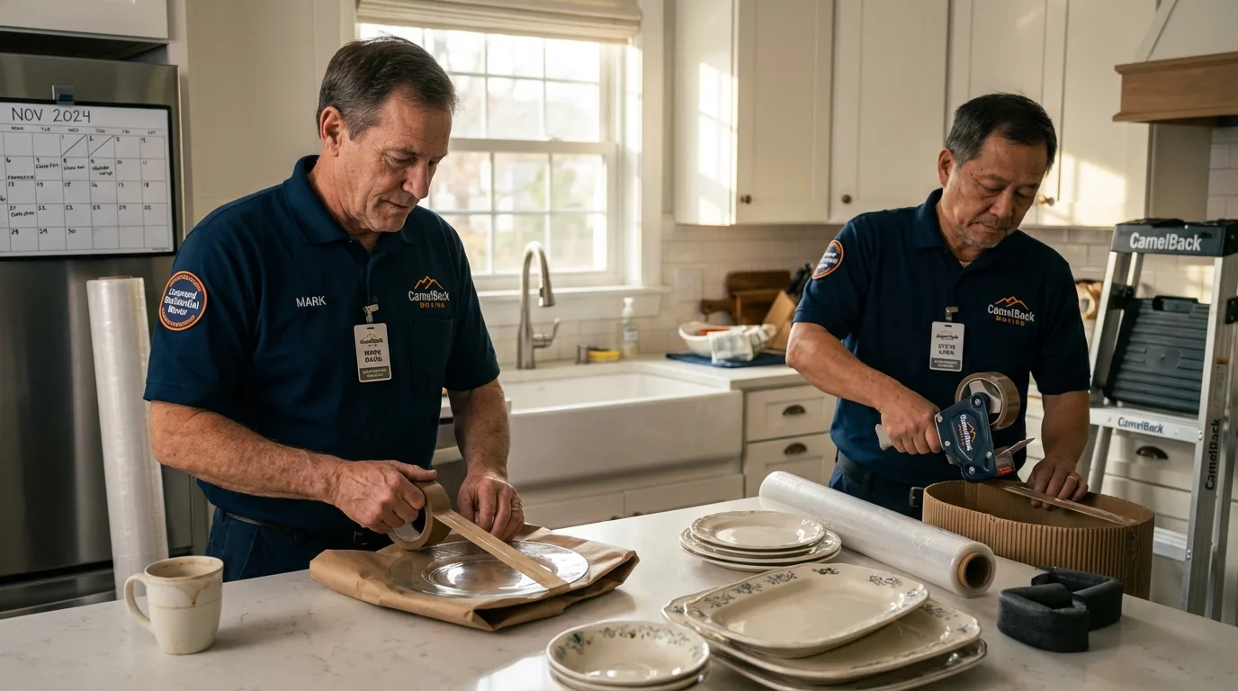 Professional crew packing kitchen dishware in Marshall, WI